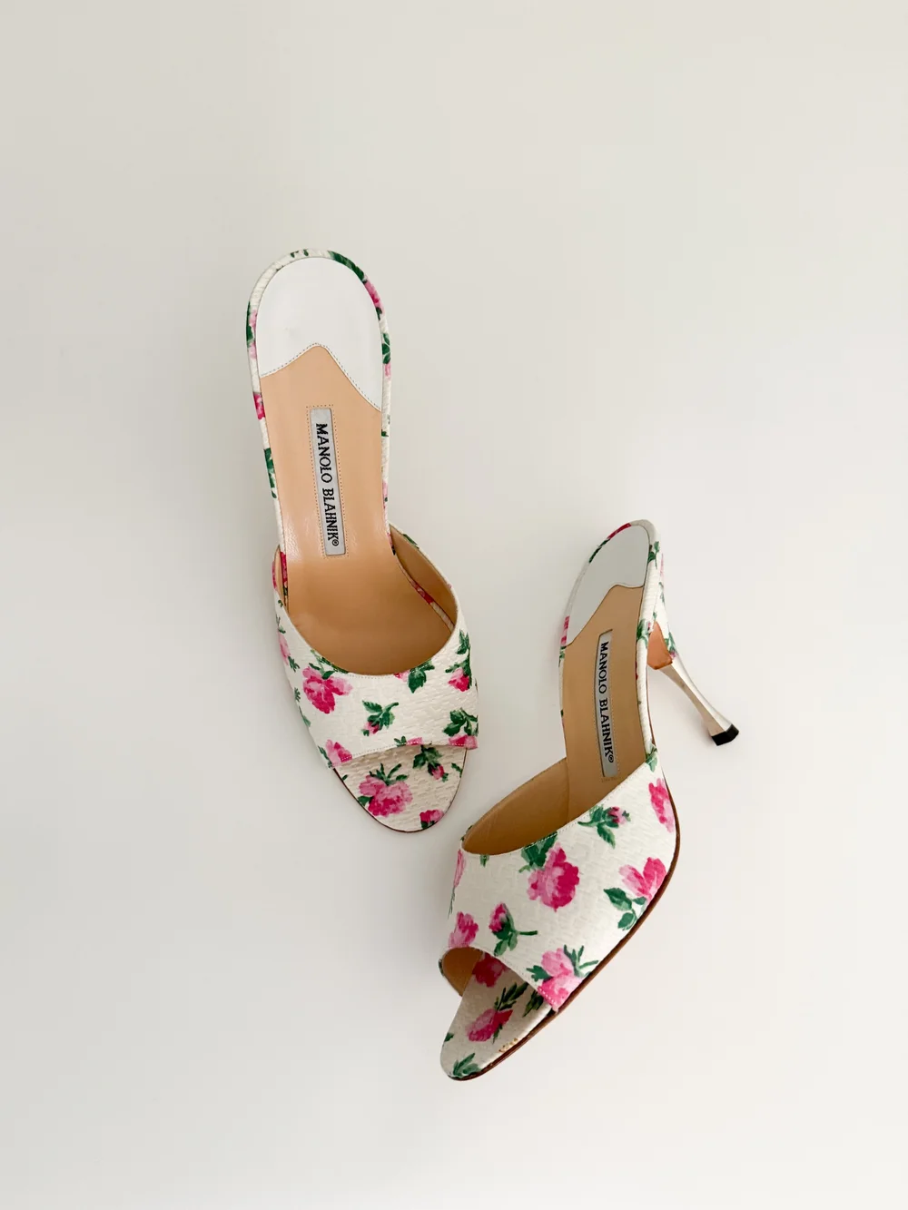 Manolo Blahnik Vintage White, Pink & Green Flower Sandal Heels (US